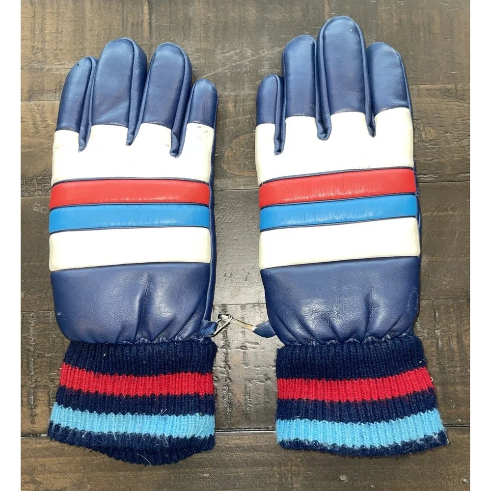 Vintage 60s 70s Winter Blue Red White Leatherette Gloves‎ Mens Size Small
